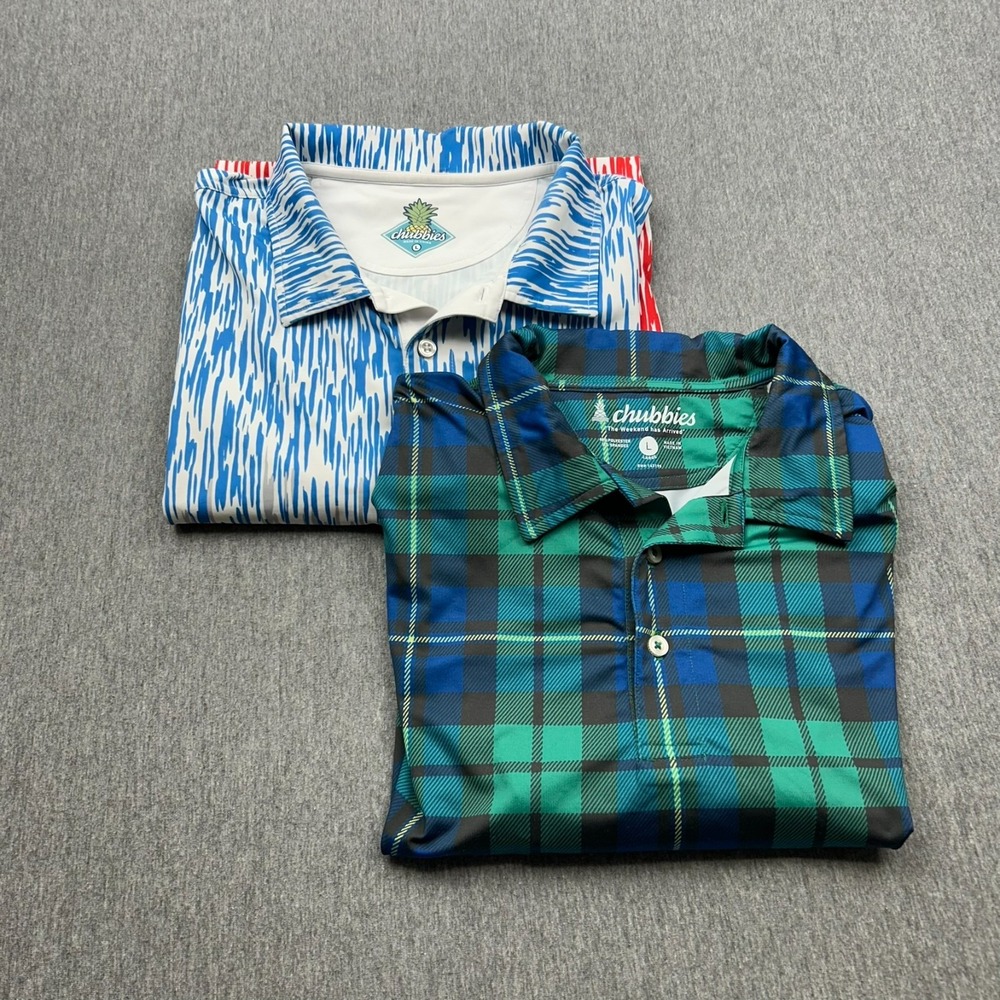 Lot of 2 Chubbies Short Sleeve Polo Shirts Mens Large Green Plaid Red White Blue